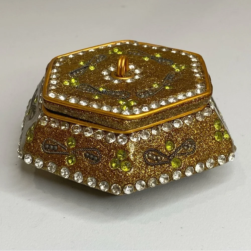 Vintage Gold Sparkly Enameled Bejeweled Trinket Jewelry Box Moroccan Mosaic